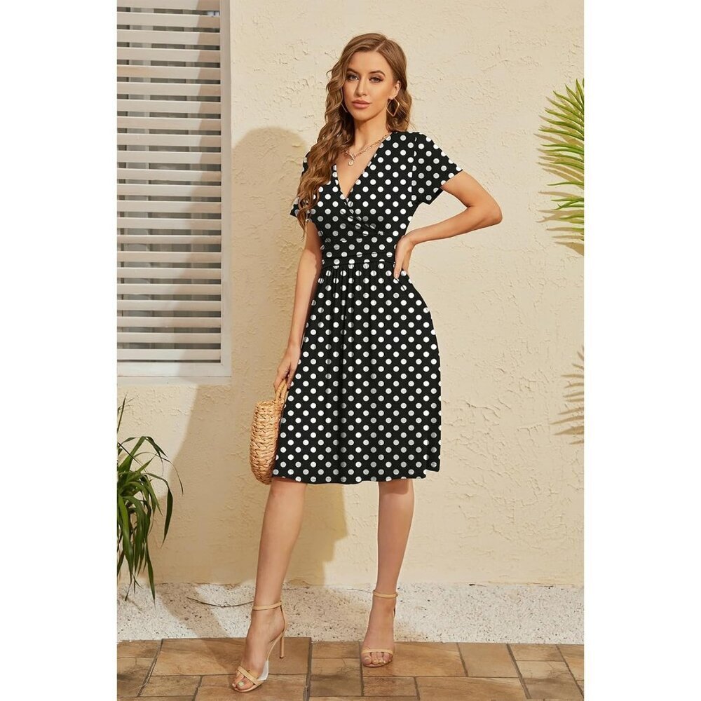 Women White Dot Short Sleeve V-Neck Floral Stretchy Party Dress with Pockets - Picture 2 of 5